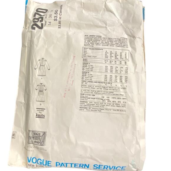 Vogue Couturier Design 2970 Jean Muir Pattern Dress Miss 14 Vintage Long Tie - Picture 4 of 7